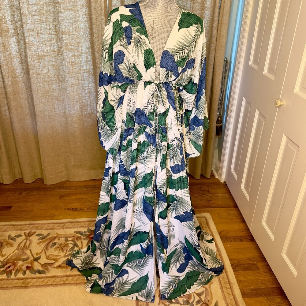 L-Atiste by Amy, Palm Print Kimono Sleeve Maxi Dress - Small